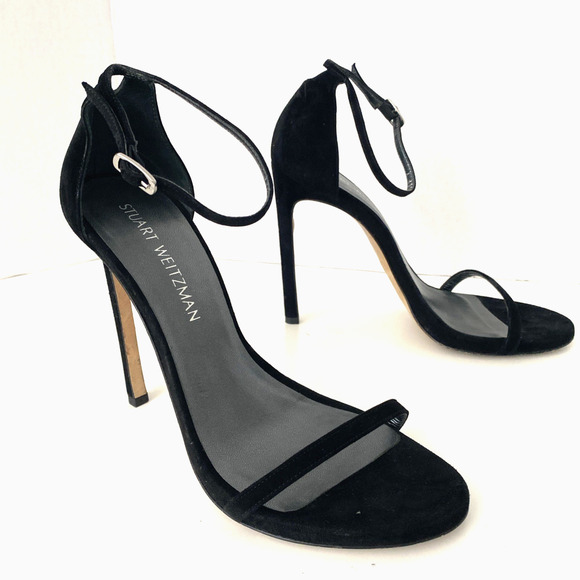 Stuart Weitzman Nudist Nudistsong Black Suede Sandal Open Toe Slim Heel 8.5 - Picture 4 of 15